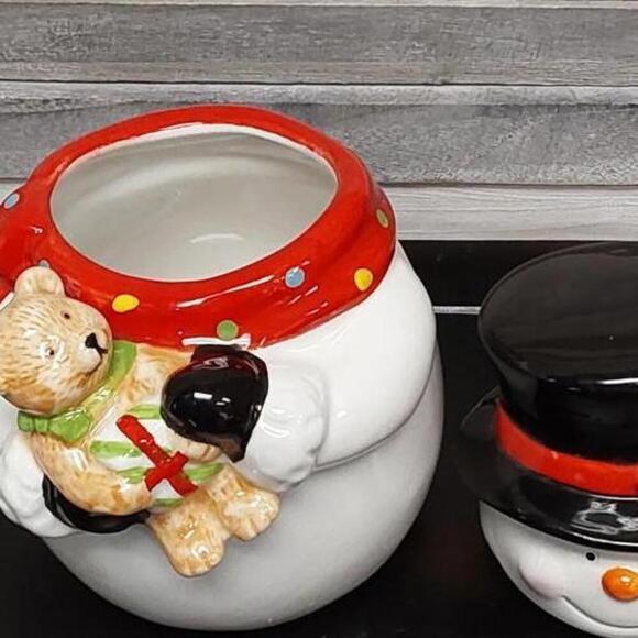 Cookie Jar Snowman & Teddy Bear Christmas Holiday 9" Tall | Sleigh Bell Bistro - Picture 6 of 10